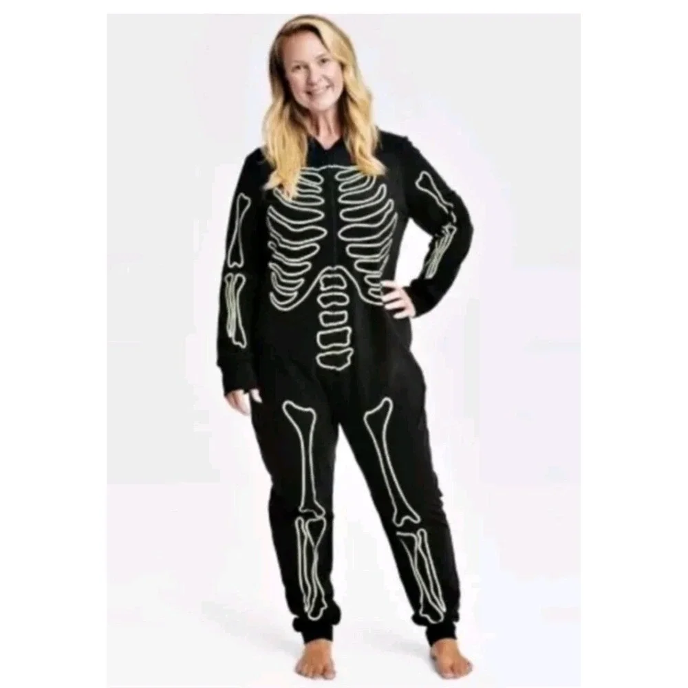 Halloween Skeleton Glow in the Dark Fleece Union Suit Jumpsuit Womens L Black PJ